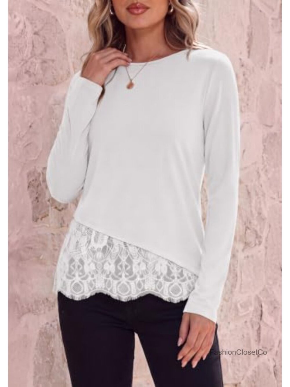 Women's Lace Patchwork Long Sleeve Stretchy Knit Asymmetric Hem Tunic Top - Picture 2 of 6